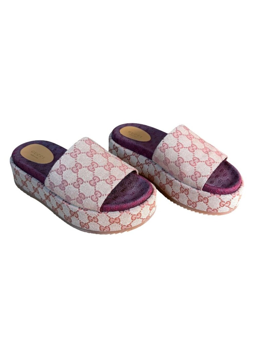 Gucci Angelina Beige GG Logo Canvas Platform Slide Sandals Size 38 US 8 Women's